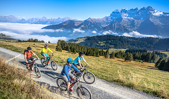 Radfahrer auf Pisten vor den Dents du midi